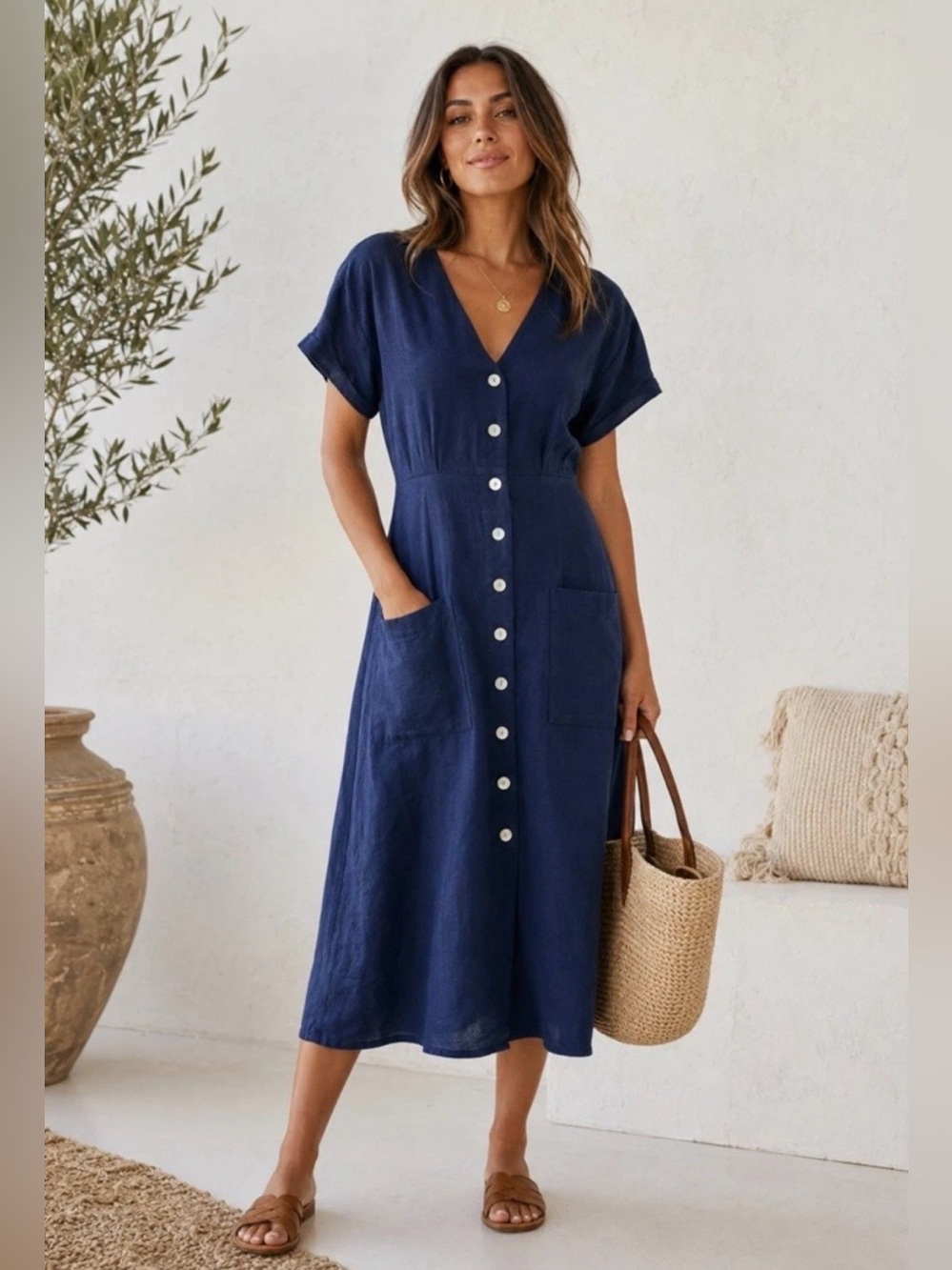 Rachel Zoe Navy 100% Linen Button Front Belted Midi Dress Coastal Lagenlook L